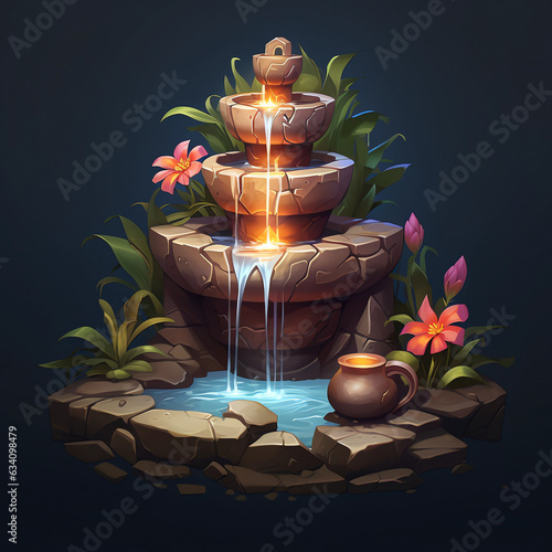 Water fountain illustration on a stone wall. Illustration of an Egyptian water fountain. Stone and gold water fountain. Water fountain game asset. photo