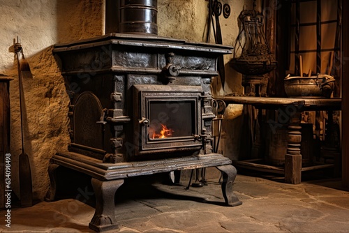 Antique Wood Stove: A Rustic Addition to Your Decor with Iron, Stone and A History of Travels. (AR 3:2): Generative AI