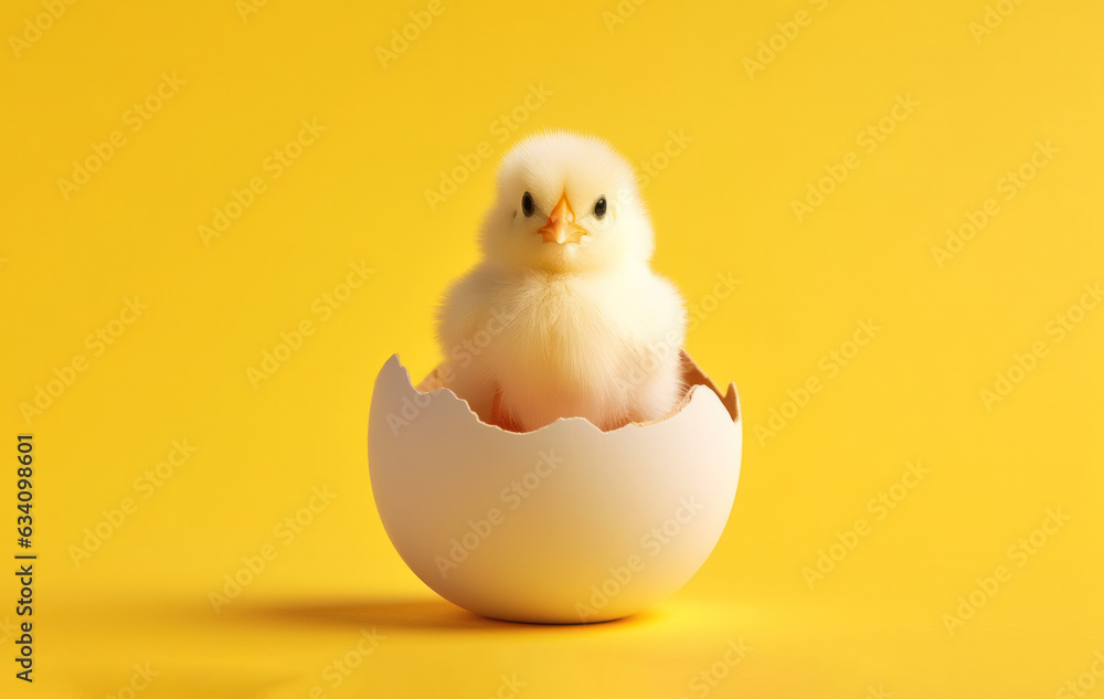 small yellow chicken in a shell on a yellow background. postcard with copy space, easter concept. small yellow chicken in a shell on a yellow background. postcard with copy space, easter concept.