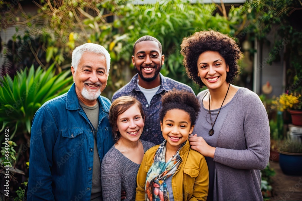 Mixed Race Family Portrait: Multi-Generation Smiling and Laughing in Garden at Home with Baby Standing Happily Outdoors: Generative AI