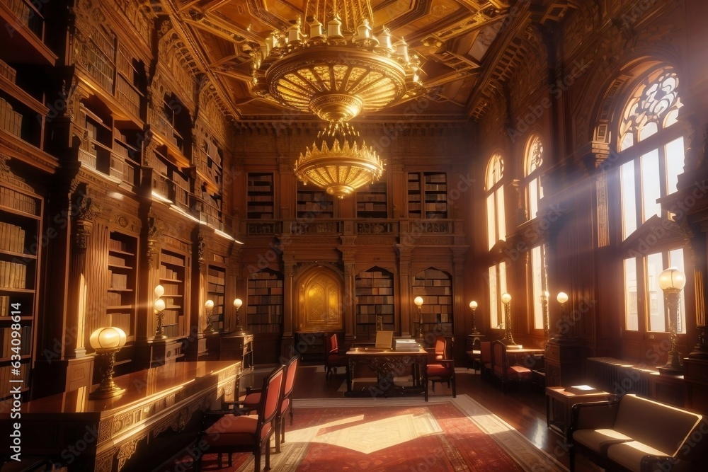 A grandiose library with intricate woodwork and ornate bookcases, illuminated by a warm, golden light.