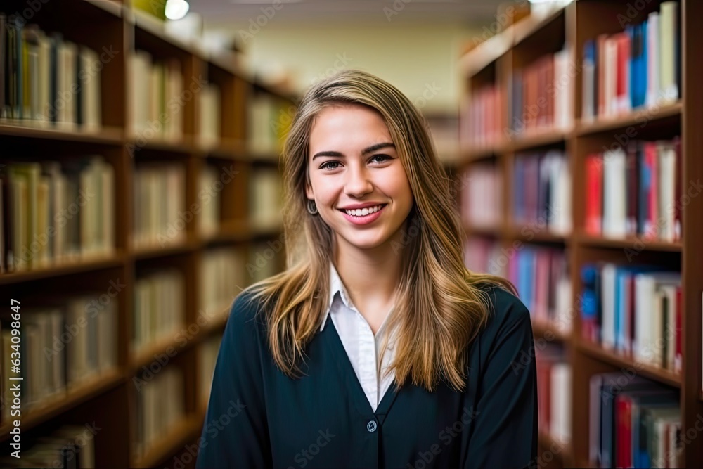 Uni Student Woman in Library with Books for Education and Knowledge. Happy Female from Brazil Standing by Bookshelf for Learning and Literature Research: Generative AI Uni Student Woman in Library with Books for Education and Knowledge. Happy Female from Brazil Standing by Bookshelf for Learning and Literature Research: Generative AI