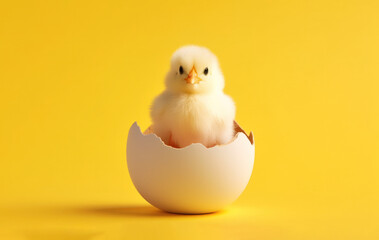 small yellow chicken in a shell on a yellow background. postcard with copy space, easter concept. 