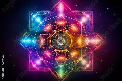 Mystical Metatron Cube: Sacred Signs and Energies of Occult Mysterious Fantasy in Galaxy - Overlay Color Style for Meditation and Yoga. Generative AI photo