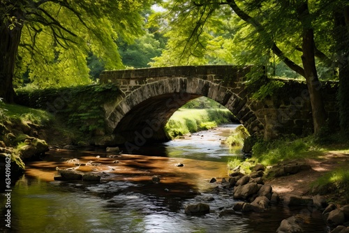 Old Stone Bridge over Serene River in the Lush Green Landscape of a Picturesque Park. Generative AI