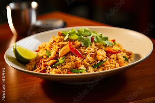 Thai Fried Rice with Chicken: A Traditional Asian Dish with an Epicure Presentation and Fancy Cookery: Generative AI