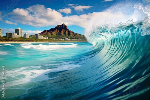 Sun, Sand and Surf: A Breathtaking View of Waikiki Beach, Diamond Head and the Pacific Ocean in Hawaii. Generative AI photo
