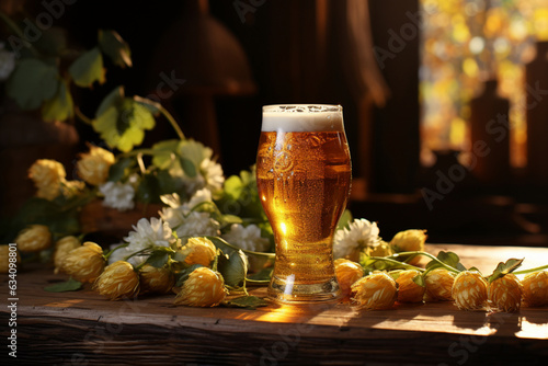 A glass of beer with cones of hops on a wooden table 2