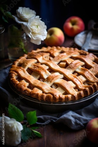 golden apple pie with white roses and fresh apples in editorial food magazine styled recipe shot