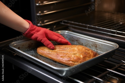oven mitt holding hot cookie sheet