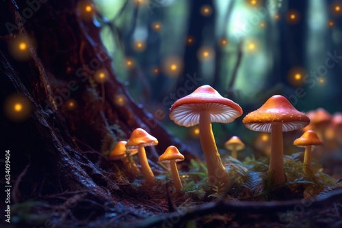 close-up of glowing mushrooms on forest floor