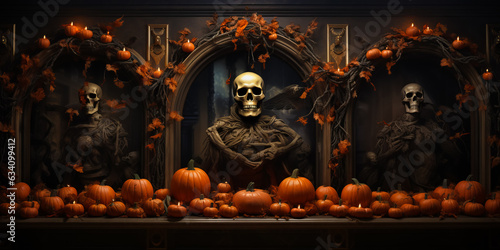 ancient gothic room of scary laughing pumpkins and old skulls. Halloween, witchcraft and magic