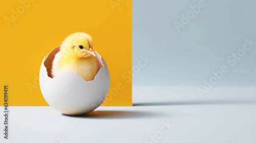 small yellow chicken in a shell on a yellow background. postcard with copy space, easter concept. 