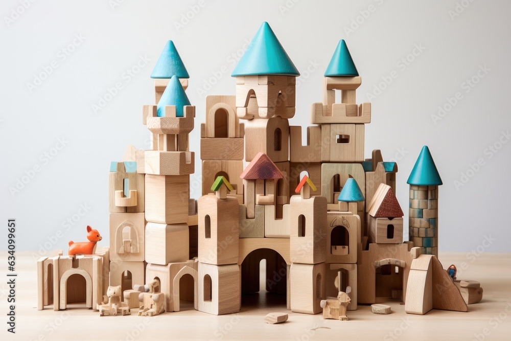 toy castle construction with wooden blocks