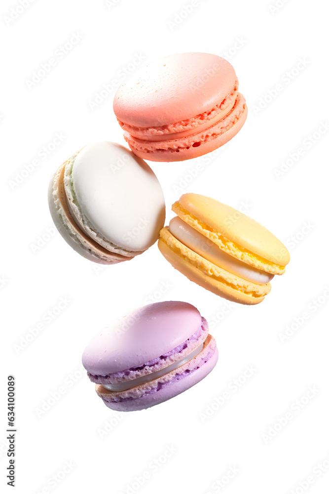 Flying French Colorful Macaroons Isolated on Transparent Background with Generative Ai Flying French Colorful Macaroons Isolated on Transparent Background with Generative Ai