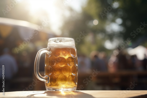 Large beer mug on table of outdoor fstival photo