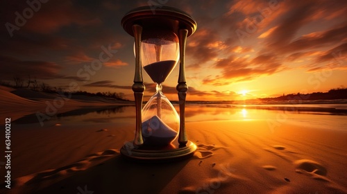 An hourglass in the golden hour of sunset. Created using Generative AI technology.