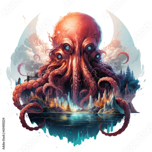 An ethereal Octopus graphic t-shirt design presenting an otherworldly octopus floating in a nebula-filled sky, Generative Ai photo