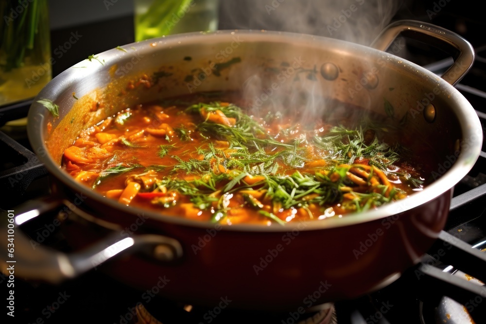 pasta sauce simmering in a pan with herbs pasta sauce simmering in a pan with herbs