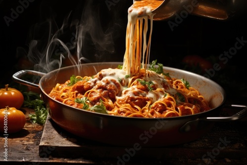 pouring tomato sauce onto freshly cooked pasta