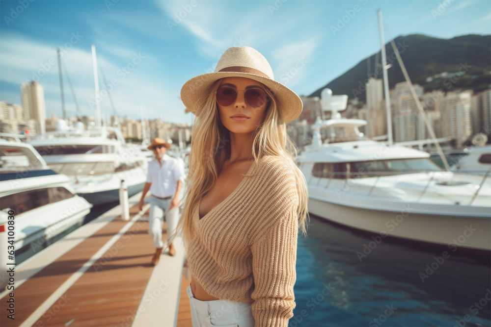 a young woman on the pier against the background of yachts dressed in casual stylish clothes and a straw hat. 