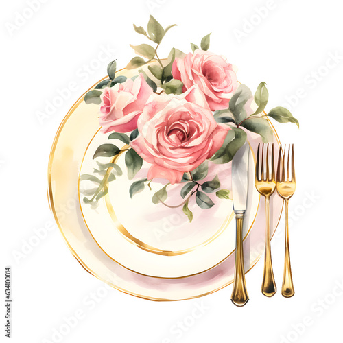 Watercolor Beautiful Top View White and Pink Table Setting for Wedding Party Valentines Day with Fancy Pink Rose Flower Boutique Golden Tableware Isolated on Transparent Background with Generative Ai