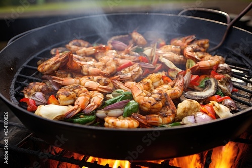 grilling seafood in a wok on an outdoor grill