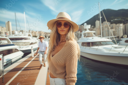 a young woman on the pier against the background of yachts dressed in casual stylish clothes and a straw hat.  © Margo_Alexa
