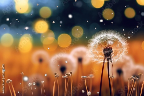 dandelion seeds dispersing on blurred background