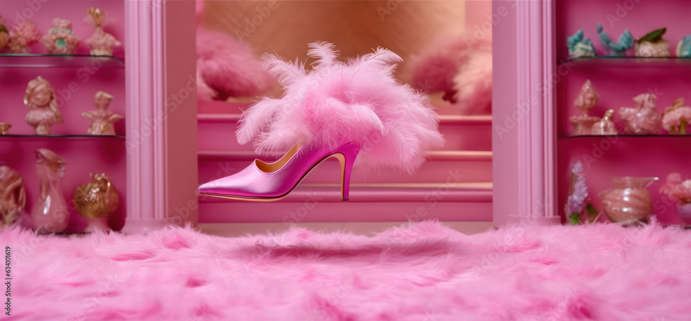 elegant women's shoes with fur on a fluffy pale pink carpet in a pink dressing room interior against the background of shoe cabinets. doll style - obrazy, fototapety, plakaty 