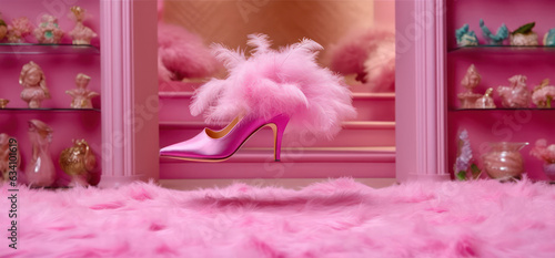 elegant women's shoes with fur on a fluffy pale pink carpet in a pink dressing room interior against the background of shoe cabinets. doll style
