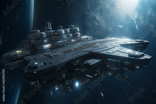 Fotobehang A heavily armored battle cruiser spaceship arrives at a futuristic space station city