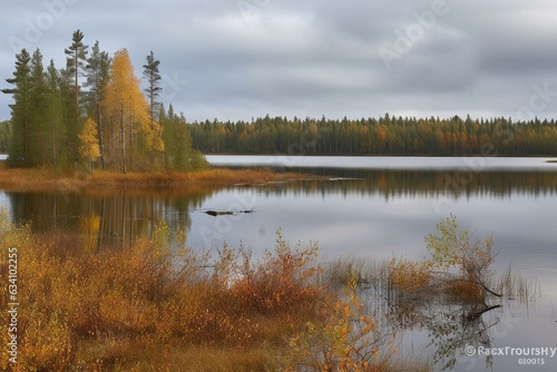 Autumnal landscape of Liesjärvi National Park and Lake in Tammela, Finland. Generative AI