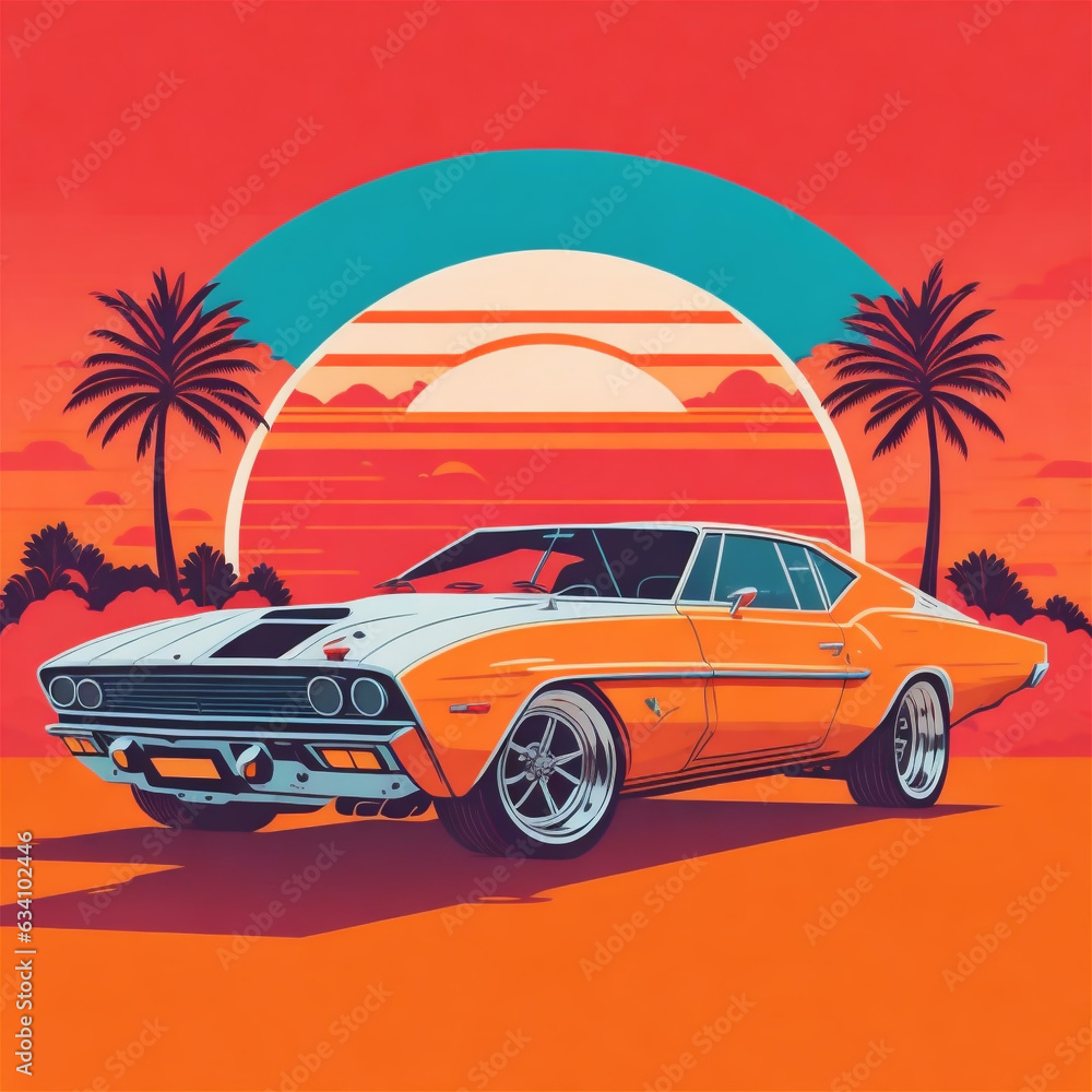Retro Classic Car, Colorful Street and Background.