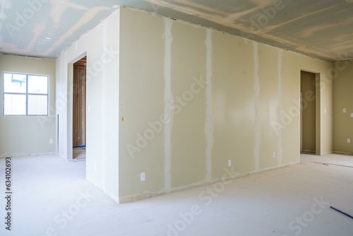 New home's drywall plastering finished, ready to paint. Generative AI