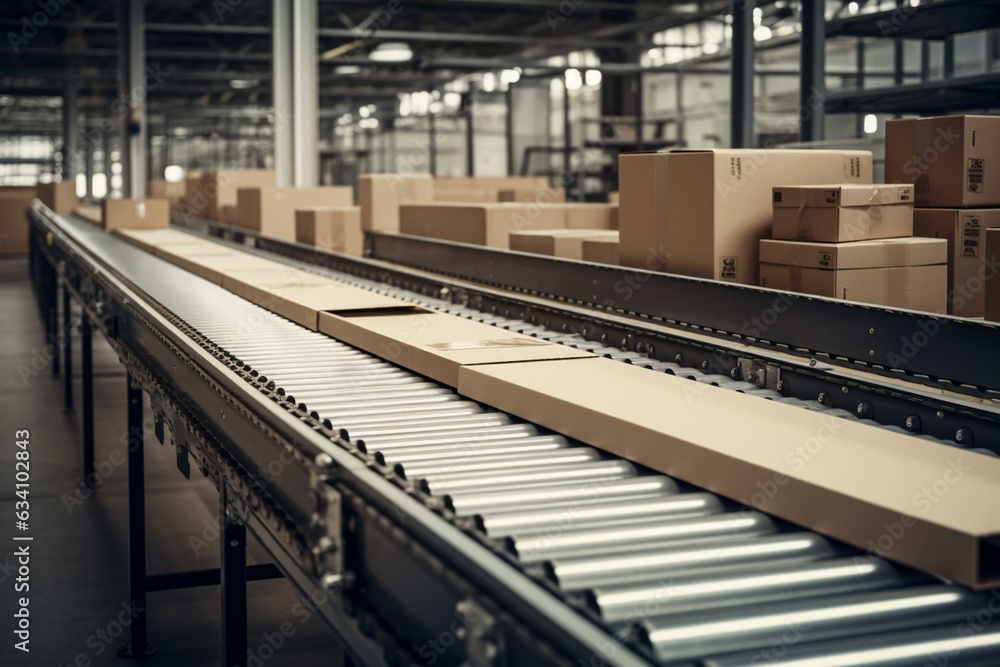 Self-moving conveyor carries cardboard packages in a warehouse. Generative AI
