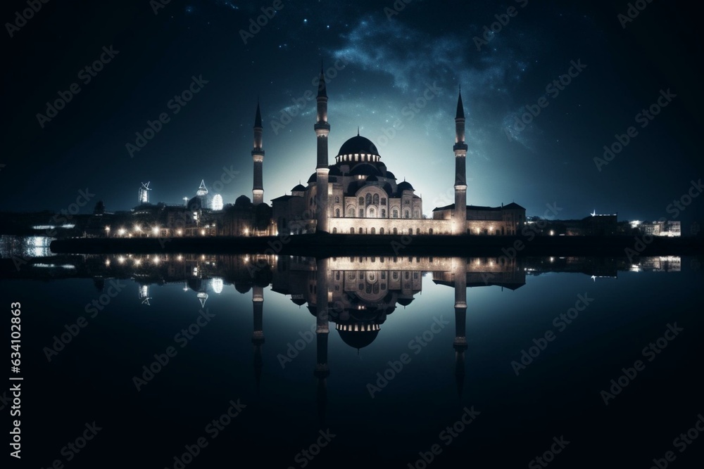 Mosque in crescent moon night reflected in water. Islamic concept. Generative AI