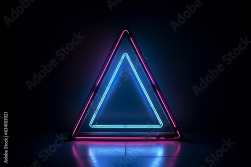 A frame with a neon triangle sign in blue and purple colors. Generative AI