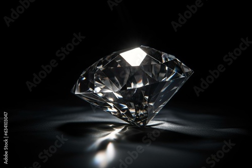 Close-up of a glossy diamond on black bg. Generative AI