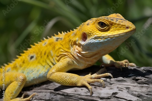 A lizard with yellow coloration. Note: not all lizards are yellow and some change color. Generative AI © Saskia