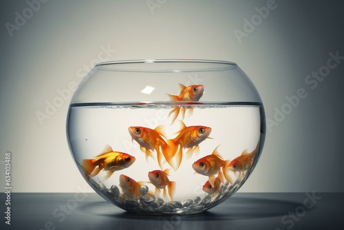 Unique goldfish jumps to a bigger bowl, symbolizing being different and standing out. Generative AI
