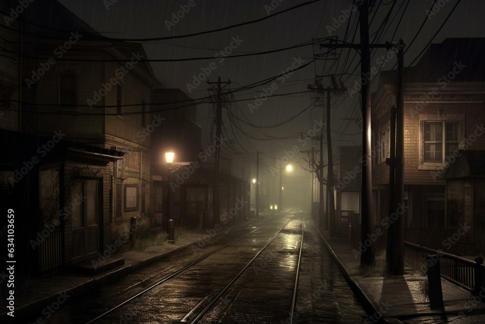 A quiet street at night in the eerie town of Silent Hill. Generative AI