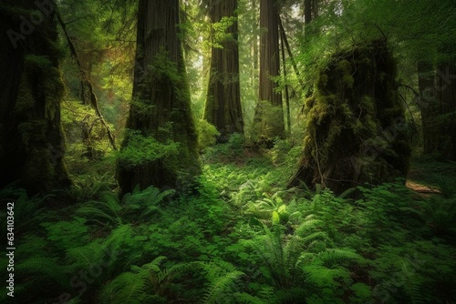 Lush verdant growth in abandoned sequoia woodland. Generative AI