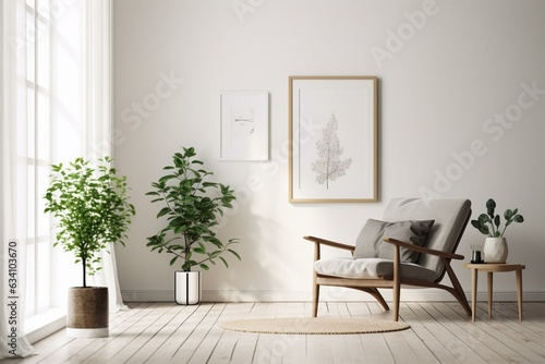 Fotografiet White-walled interior with wooden floor, comfy armchair, plant in vase & poster frame