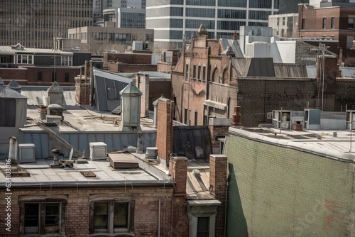 Rooftops atop city buildings. Generative AI © Ella