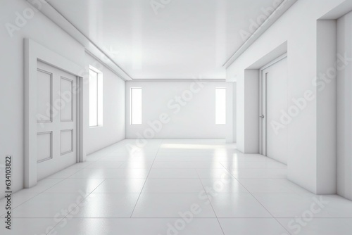 Empty white room with white floor. 3D render. Generative AI