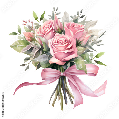 Wedding Watercolor Beautiful Pink Roses Bouquet with Pink Ribbon Isolated on Transparent Background with Generative Ai