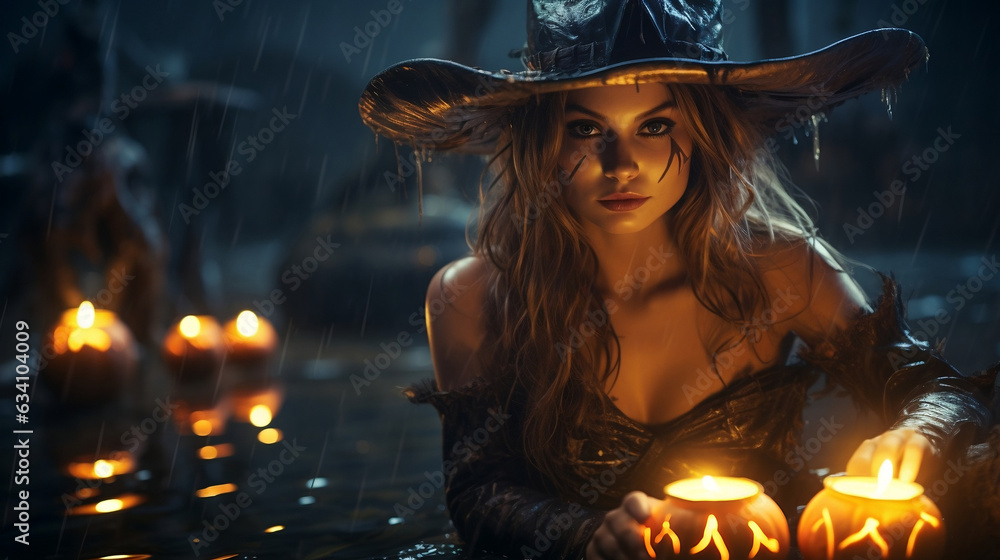 Witchcraft Under Moonlight, Magical Halloween Witch with Carved Pumpkin and Enchanting Lights Witchcraft Under Moonlight, Magical Halloween Witch with Carved Pumpkin and Enchanting Lights