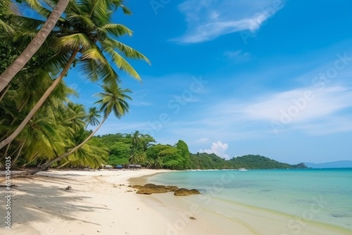 A stunning tropical beach with white sand and coconut trees on Samui Island  surrounded by azure blue sky and lush green foliage. Generative AI