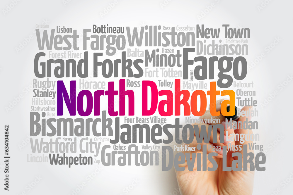 List of cities in North Dakota USA state, map silhouette word cloud